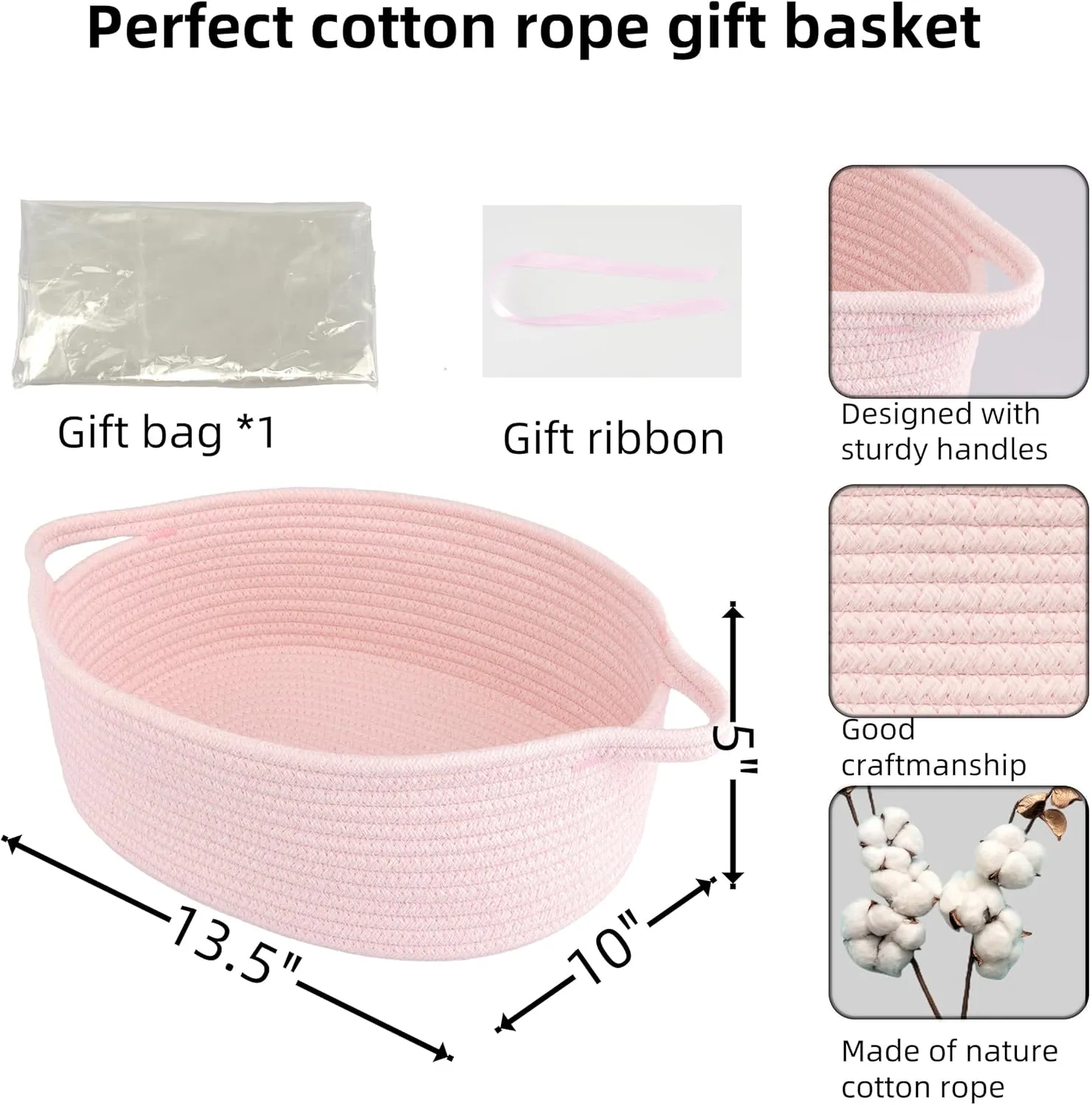 Baby Gifts Basket Empty with Gifts Bag and Ribbon13x10x5 Gift Baskets to Fill Easter Baskets Birthday Baskets Small Woven Cotton Rope Basket Baby Toy Baske pink, large