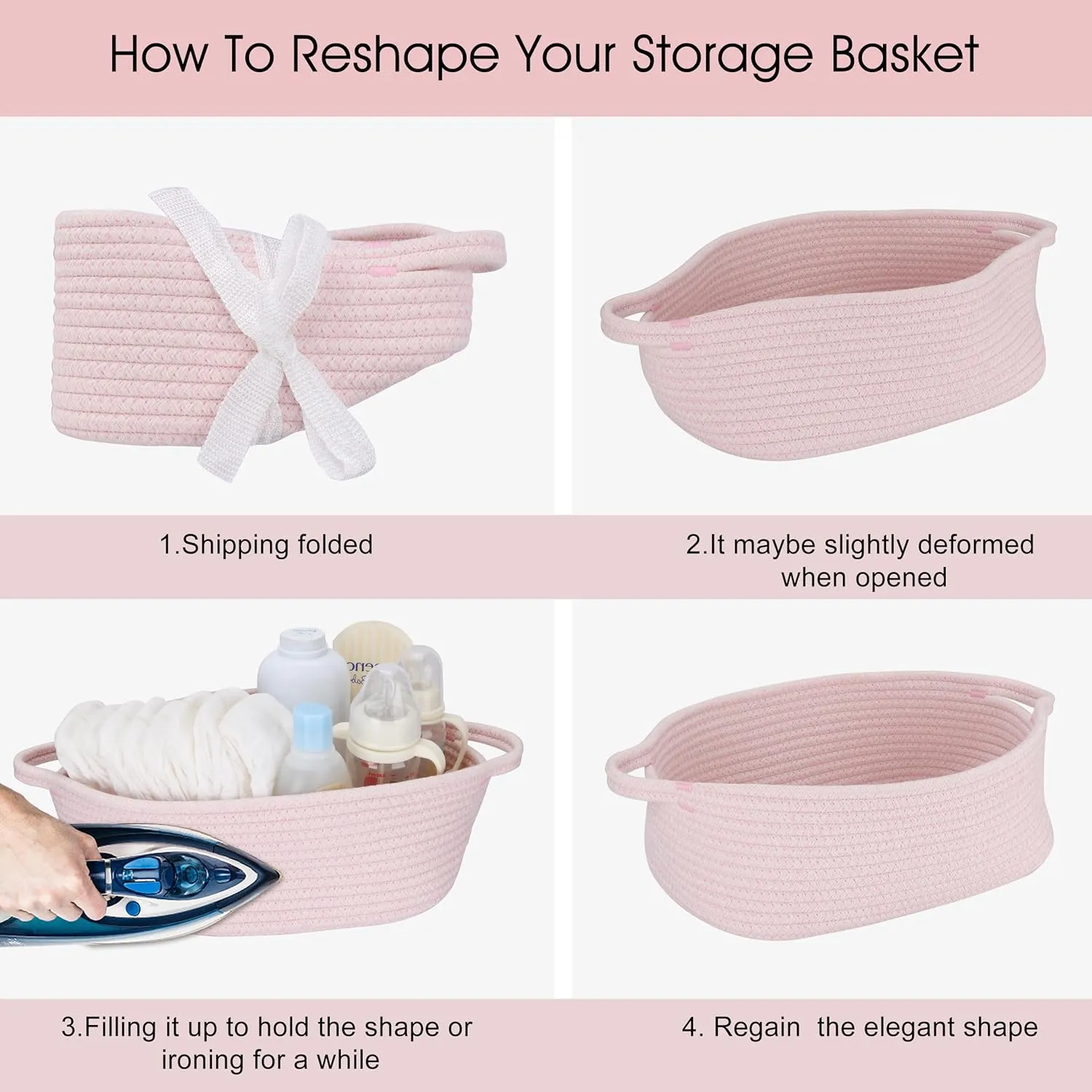 Baby Gifts Basket Empty with Gifts Bag and Ribbon13x10x5 Gift Baskets to Fill Easter Baskets Birthday Baskets Small Woven Cotton Rope Basket Baby Toy Baske pink, large