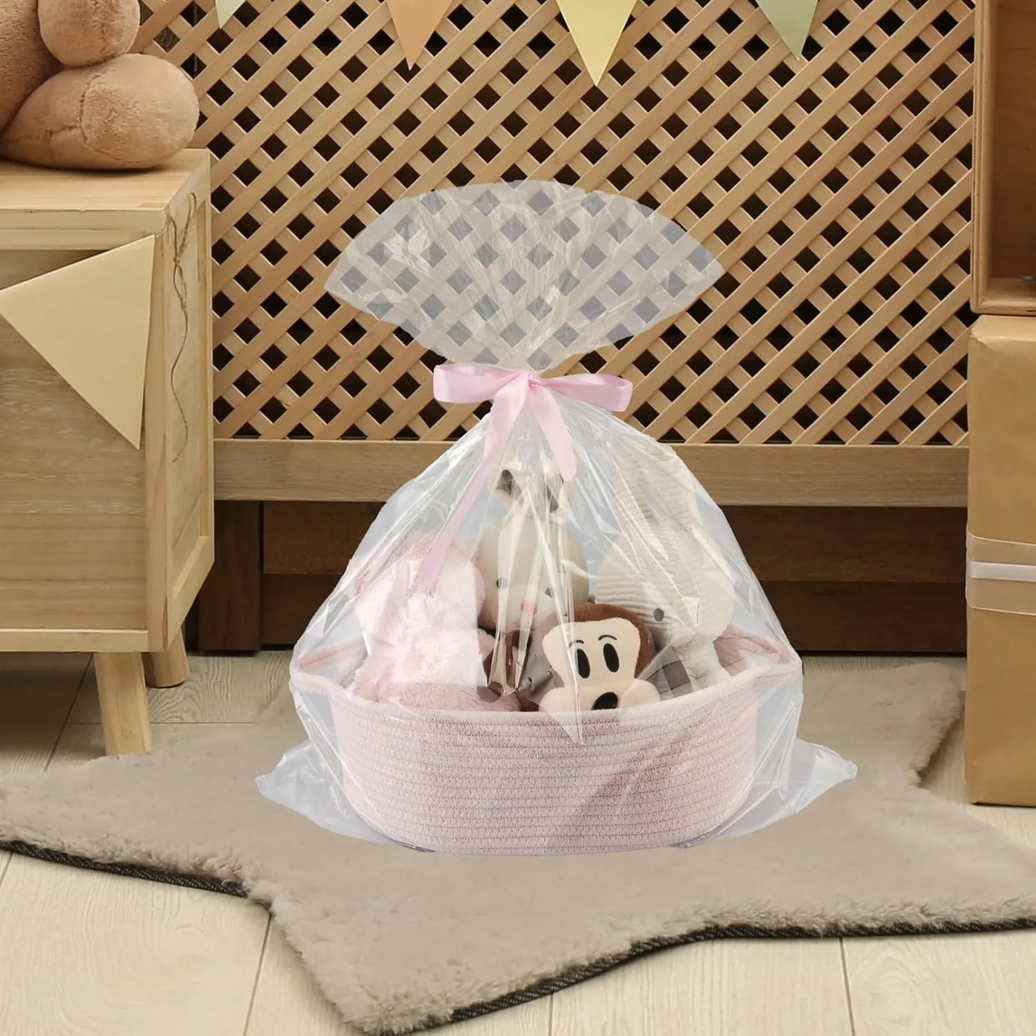 Baby Gifts Basket Empty with Gifts Bag and Ribbon13x10x5 Gift Baskets to Fill Easter Baskets Birthday Baskets Small Woven Cotton Rope Basket Baby Toy Baske pink, large