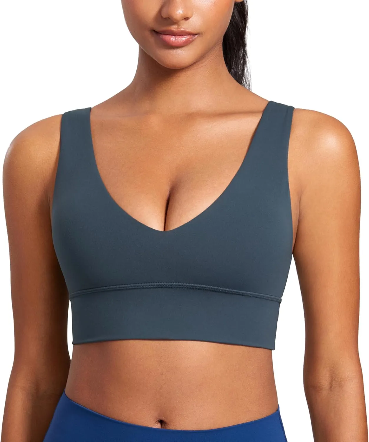 CRZ YOGA Butterluxe Womens V-Neck Longline Sports Bra - Wireless U-Shaped Open Back Yoga Low Impact Padded Crop Top