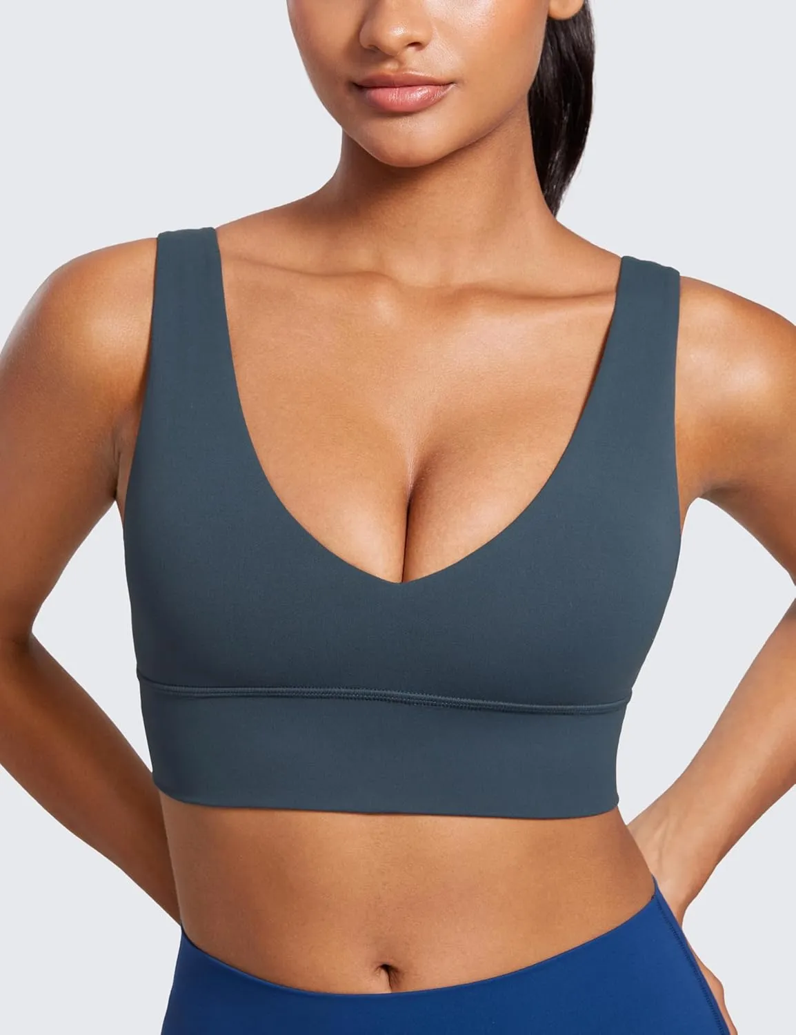 CRZ YOGA Butterluxe Womens V-Neck Longline Sports Bra - Wireless U-Shaped Open Back Yoga Low Impact Padded Crop Top