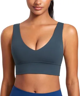 CRZ YOGA Butterluxe Womens V-Neck Longline Sports Bra - Wireless U-Shaped Open Back Yoga Low Impact Padded Crop Top