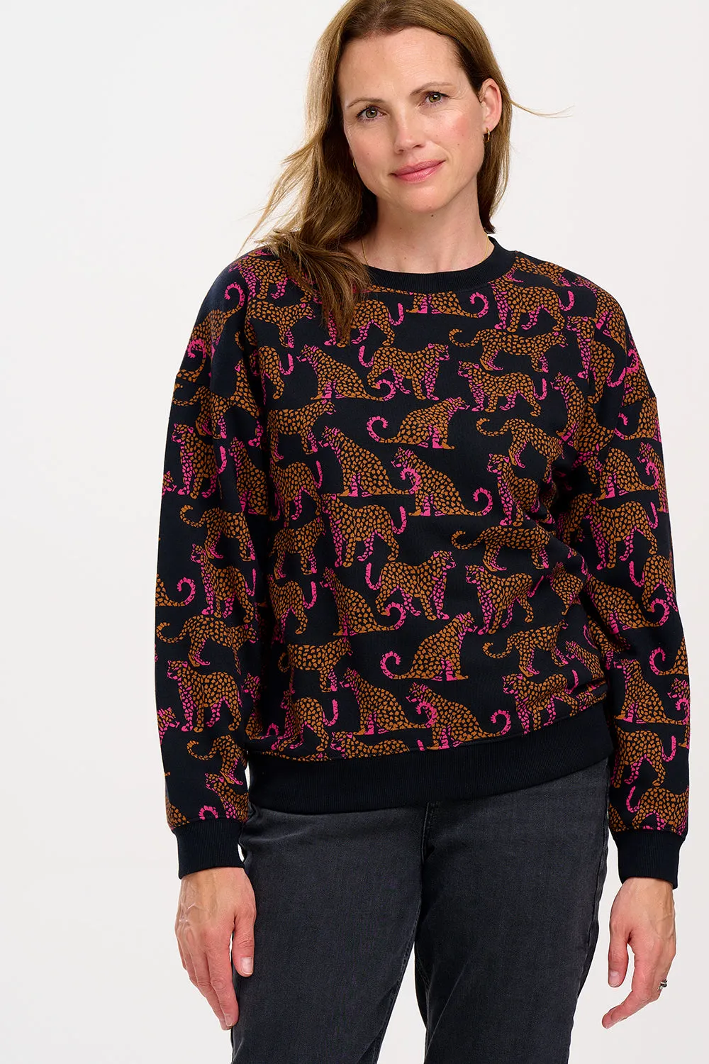 Eadie Relaxed Sweatshirt - Black, Leopard Spots