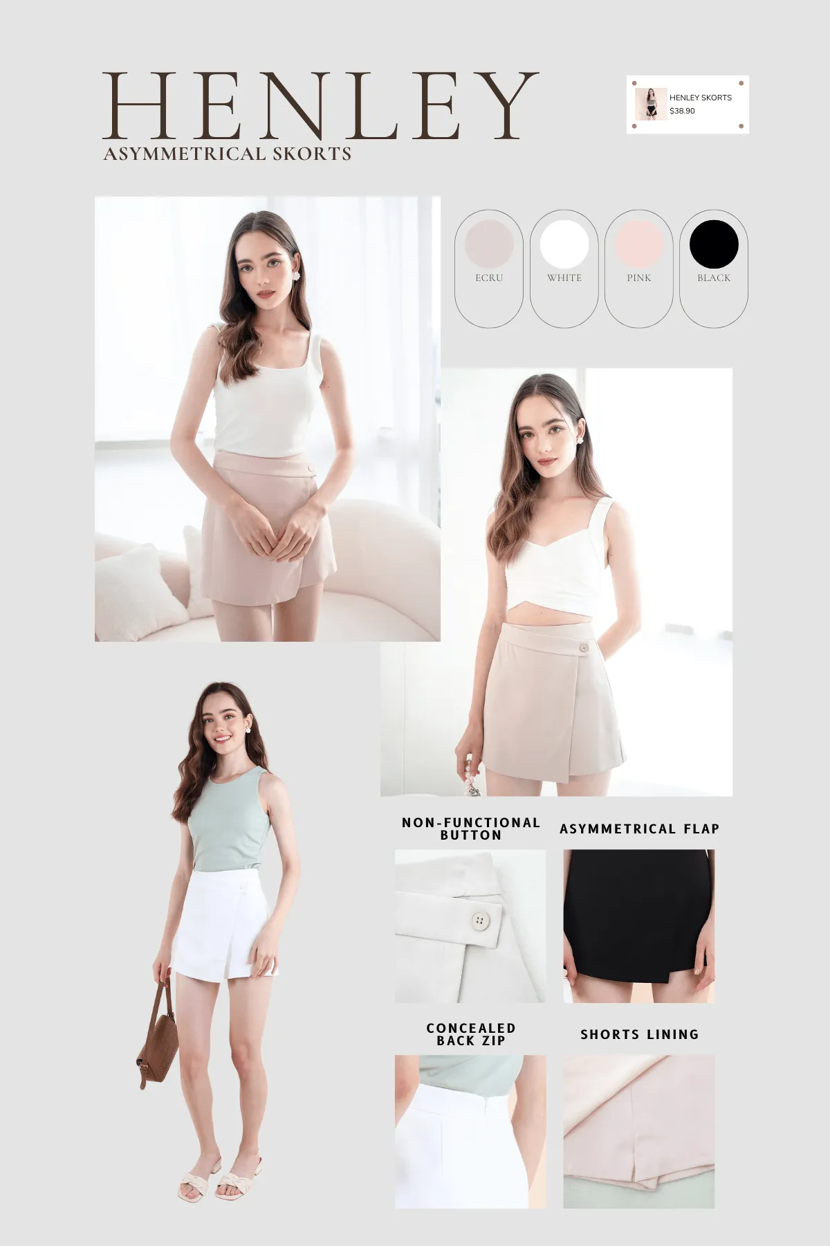 HENLEY ASYMMETRICAL SKORTS IN ECRU