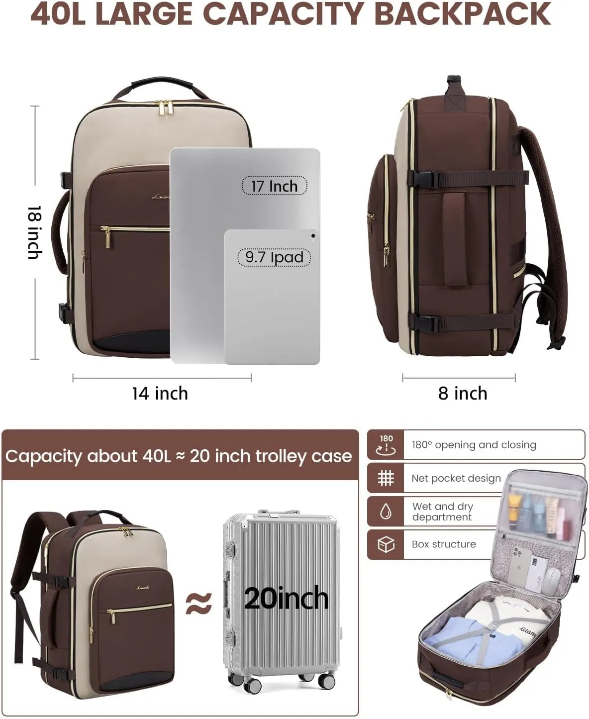 LOVEVOOK 40L Travel Backpack for Women & Men, Large Carry on Backpack for Airplanes with 3 Packing Cubes, TSA Personal Item Travel Bag fits 17" Laptop, Waterproof Weekender Essentials Airline Approved
