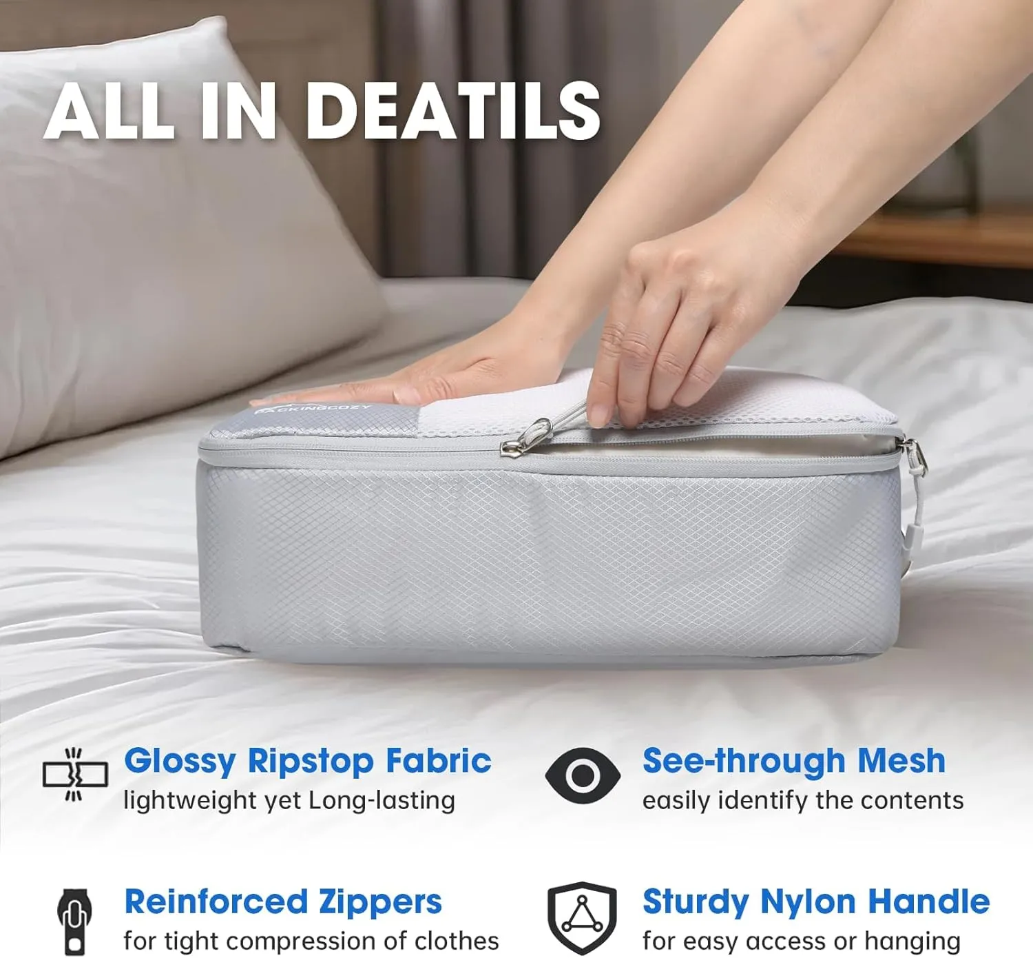 Packing Cubes for Travel, 8 Set Packing Organizers with Zipper Pulls and Mesh Top Panel - Light-weight Travel Cubes for Carry On and Suitcases, Light Gray