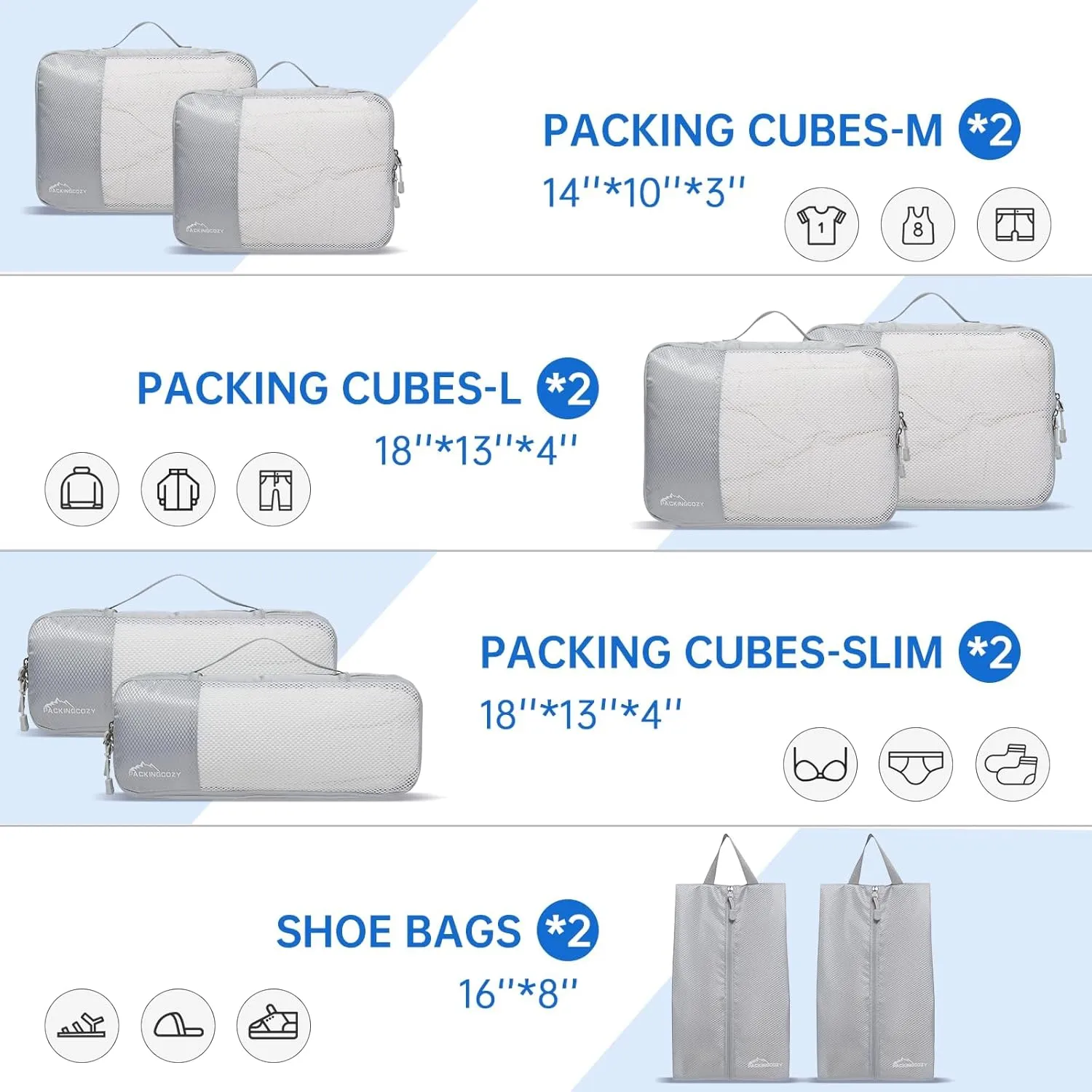 Packing Cubes for Travel, 8 Set Packing Organizers with Zipper Pulls and Mesh Top Panel - Light-weight Travel Cubes for Carry On and Suitcases, Light Gray