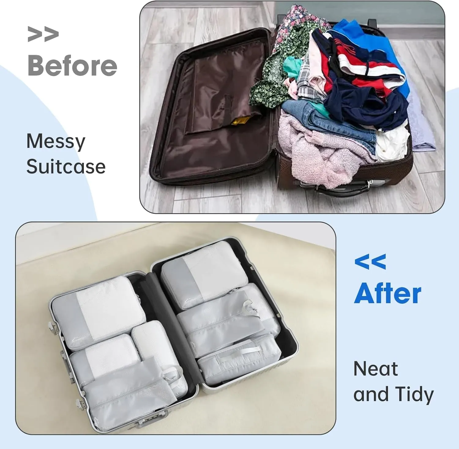 Packing Cubes for Travel, 8 Set Packing Organizers with Zipper Pulls and Mesh Top Panel - Light-weight Travel Cubes for Carry On and Suitcases, Light Gray