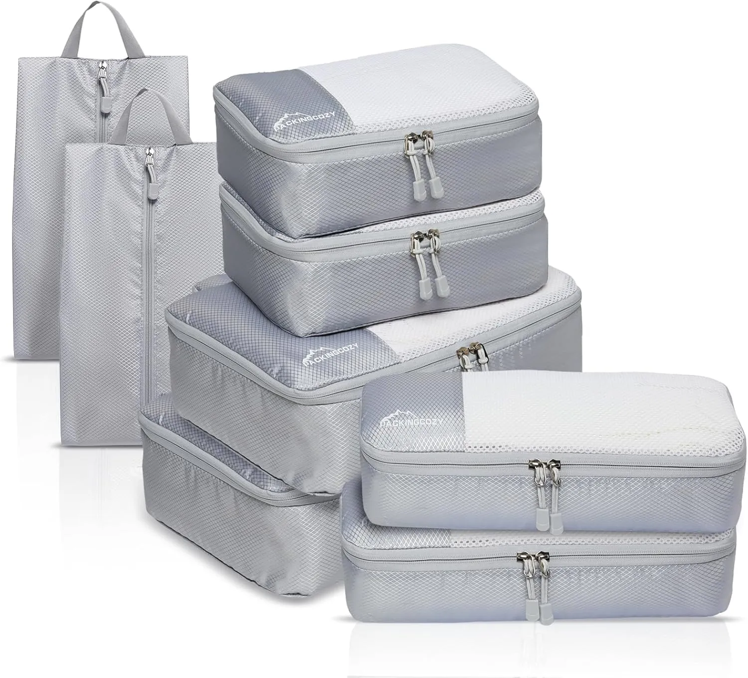 Packing Cubes for Travel, 8 Set Packing Organizers with Zipper Pulls and Mesh Top Panel - Light-weight Travel Cubes for Carry On and Suitcases, Light Gray
