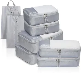 Packing Cubes for Travel, 8 Set Packing Organizers with Zipper Pulls and Mesh Top Panel - Light-weight Travel Cubes for Carry On and Suitcases, Light Gray