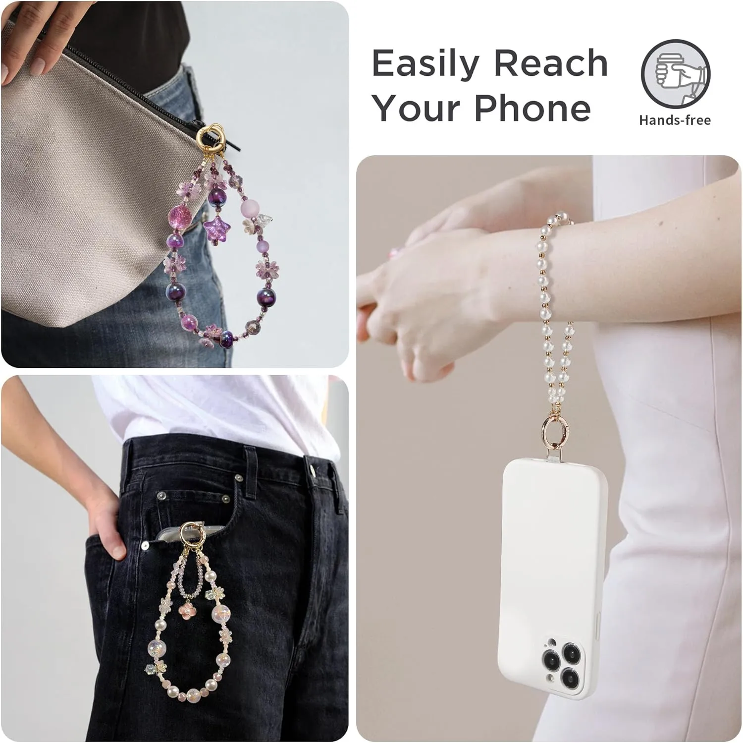 Phone Charm for Women, Anti-Theft Phone Wrist Strap, Hands-Free & Detachable Cellphone Lanyard Chain with Tether Tab