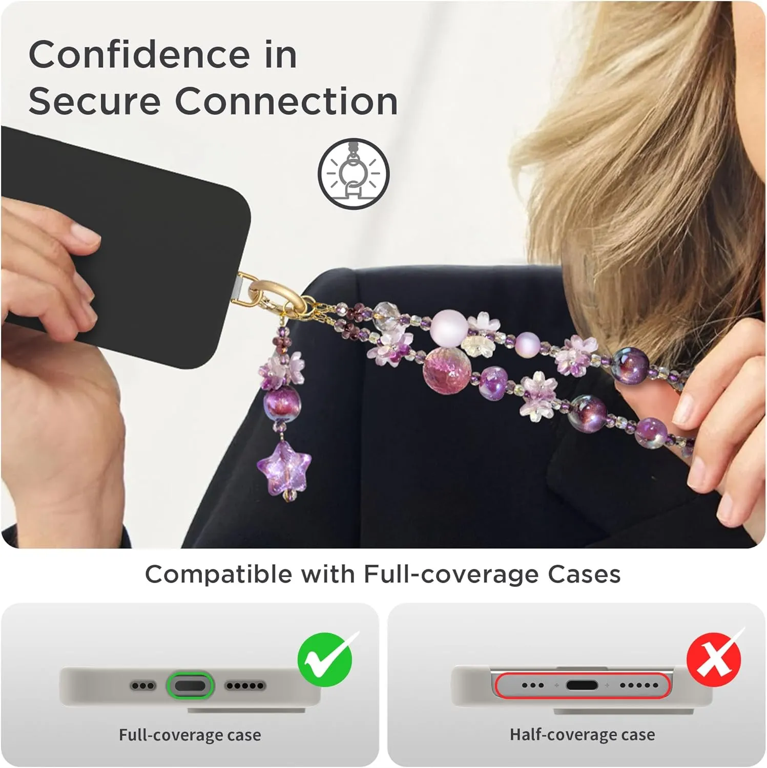 Phone Charm for Women, Anti-Theft Phone Wrist Strap, Hands-Free & Detachable Cellphone Lanyard Chain with Tether Tab