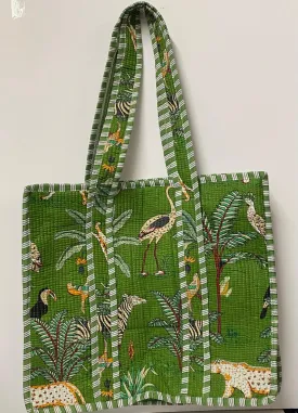 PRE ORDER - Quilted Cotton Tote Bag-GreenLeopard