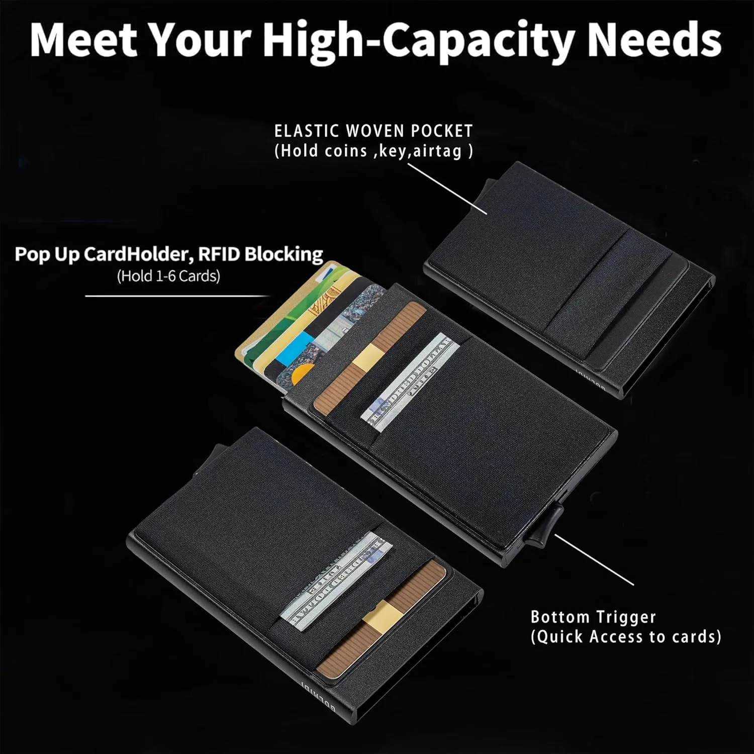 Slim Wallet for Men,RFID Blocking Pop up Card Holder Minimalist Business Credit Card Wallet with Money Pocket & Money Clip Metal Card Case(Matte Black)
