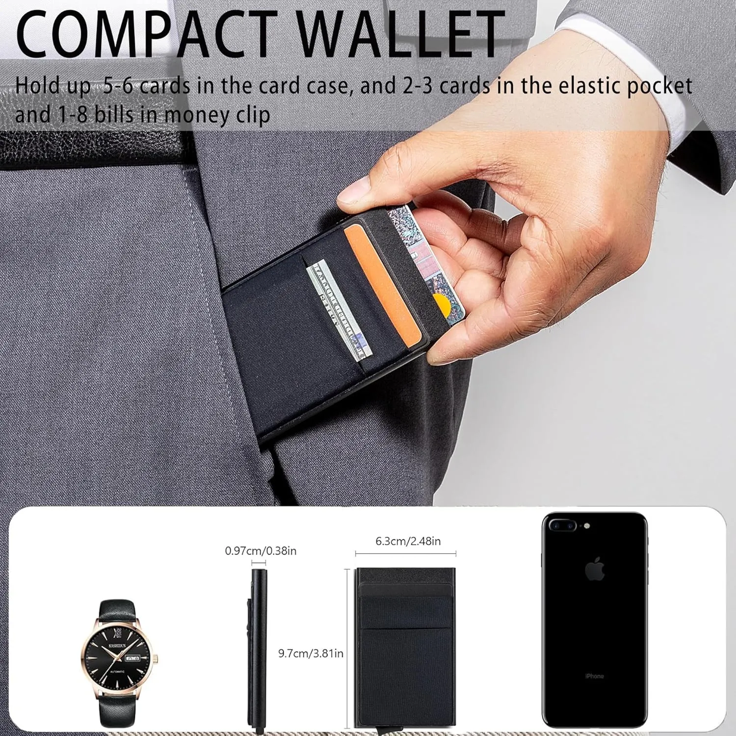 Slim Wallet for Men,RFID Blocking Pop up Card Holder Minimalist Business Credit Card Wallet with Money Pocket & Money Clip Metal Card Case(Matte Black)