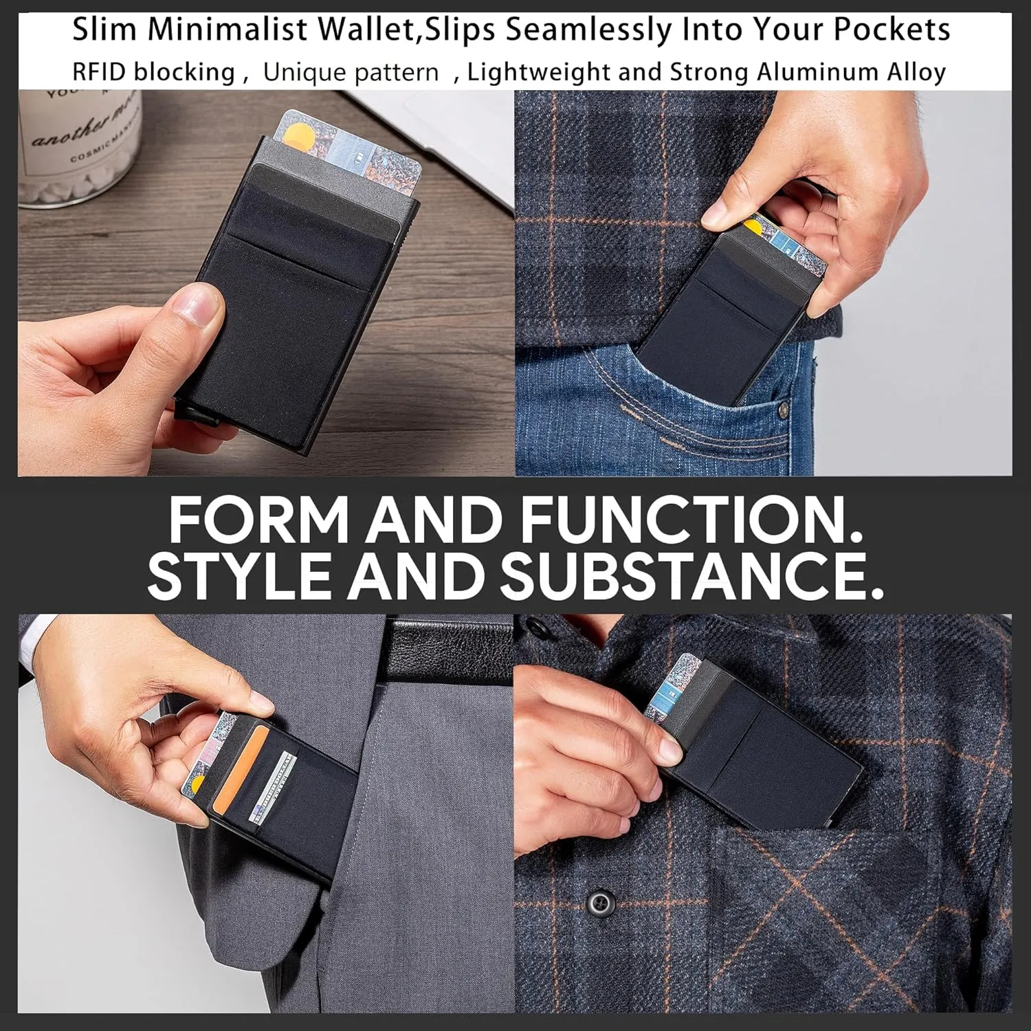 Slim Wallet for Men,RFID Blocking Pop up Card Holder Minimalist Business Credit Card Wallet with Money Pocket & Money Clip Metal Card Case(Matte Black)