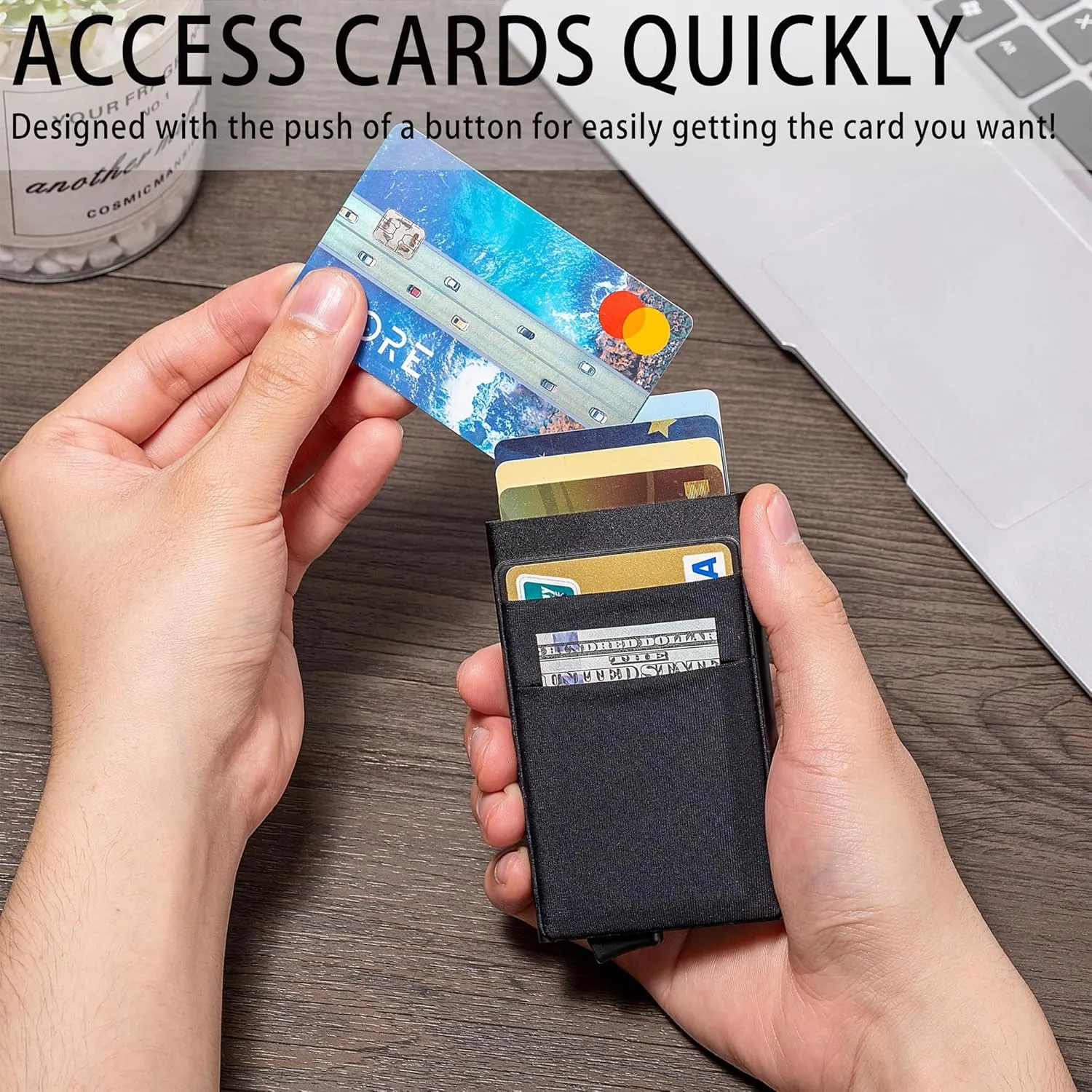 Slim Wallet for Men,RFID Blocking Pop up Card Holder Minimalist Business Credit Card Wallet with Money Pocket & Money Clip Metal Card Case(Matte Black)