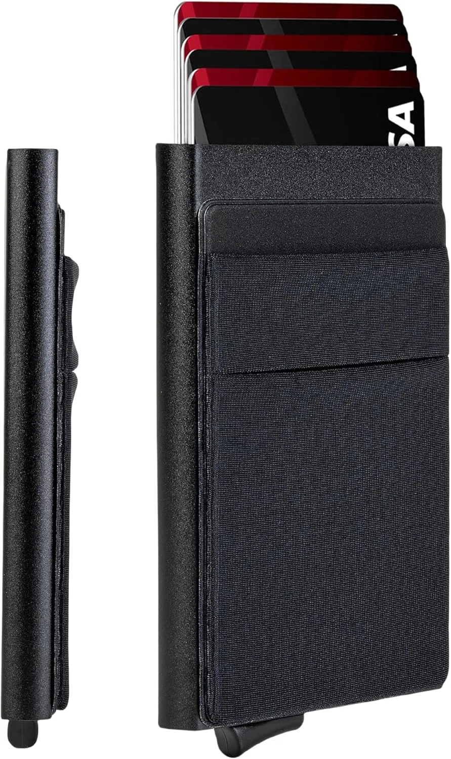 Slim Wallet for Men,RFID Blocking Pop up Card Holder Minimalist Business Credit Card Wallet with Money Pocket & Money Clip Metal Card Case(Matte Black)