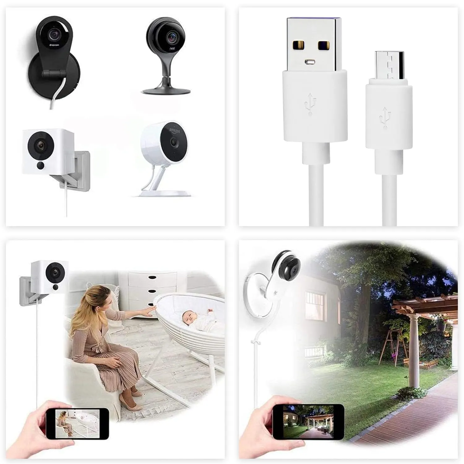 Smays Charger Cord Replacement for Wyze Cam v3, Nest, Yi Dome, Arlo Q Camera, Blink, Ring Mini Cam - 12 ft Micro USB Cable Power