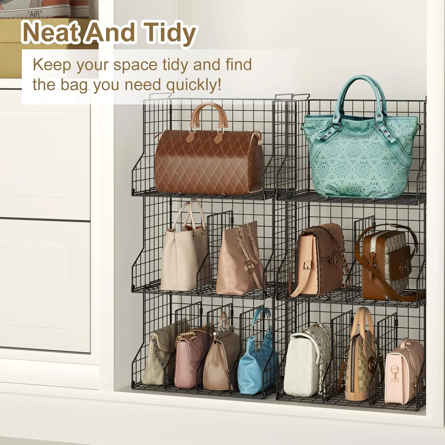 Sonyabecca Purse Storage Organizer for Closet : Adjustable 3-Pack Dividers Handbag Organizer - Stackable Wire Handbags Storage Baskets -Open Cabinets Wallets Tote Chain Bags Clutches