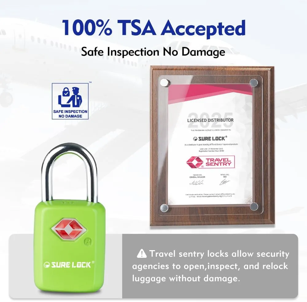 Sure Lock TSA Approved Luggage Locks Mini Size Lock with Keys for Travel, Zinc Alloy Body with Steel Shackle, Key Alike, Key Alike in The Same Package