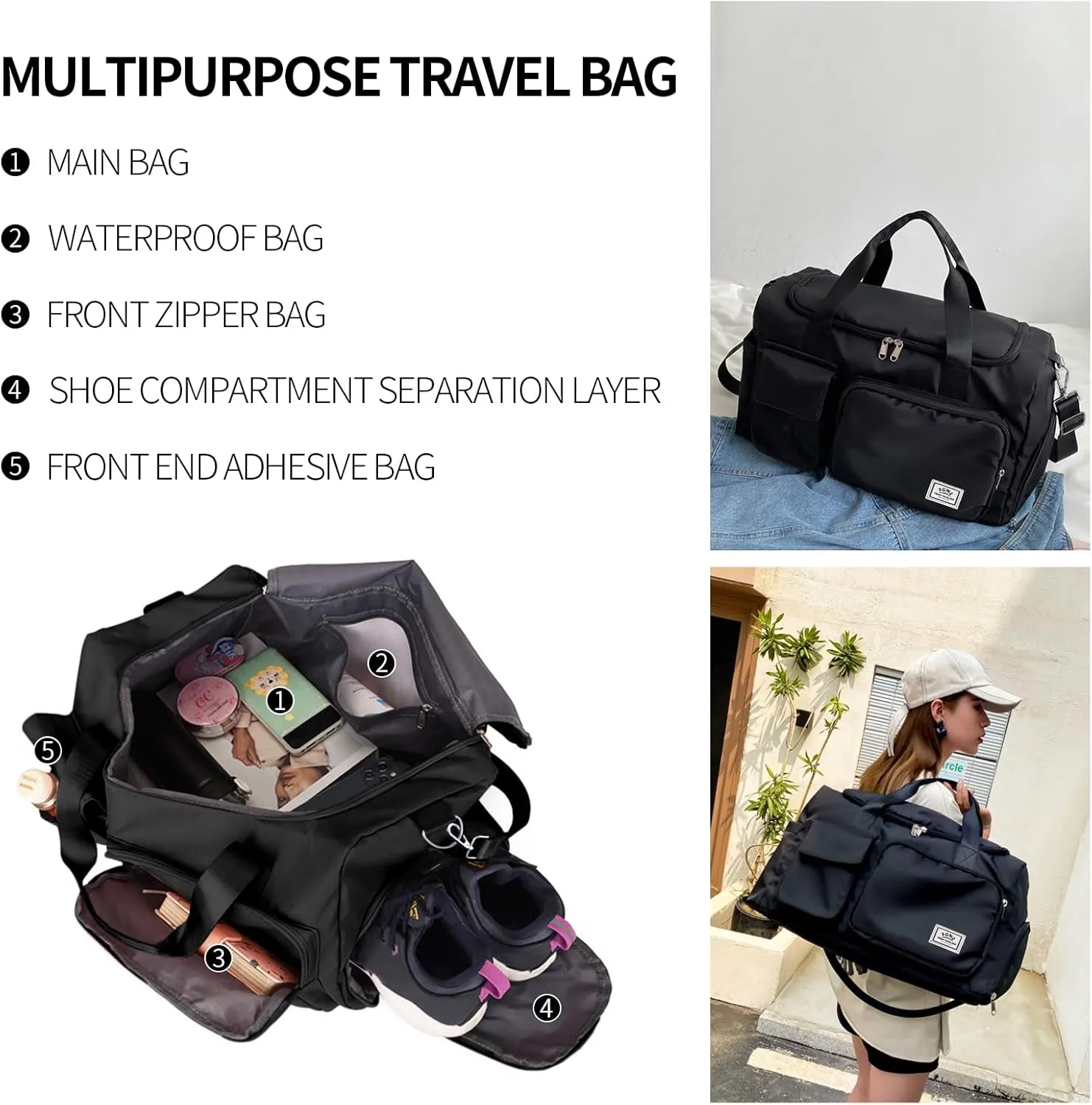 Travel Duffel Tote Bag with Dry Wet Separation Pocket, Weekender Bag for Women and Men??Waterproof Bag with Shoe Compartment Lightweight and Easy Carry on Black