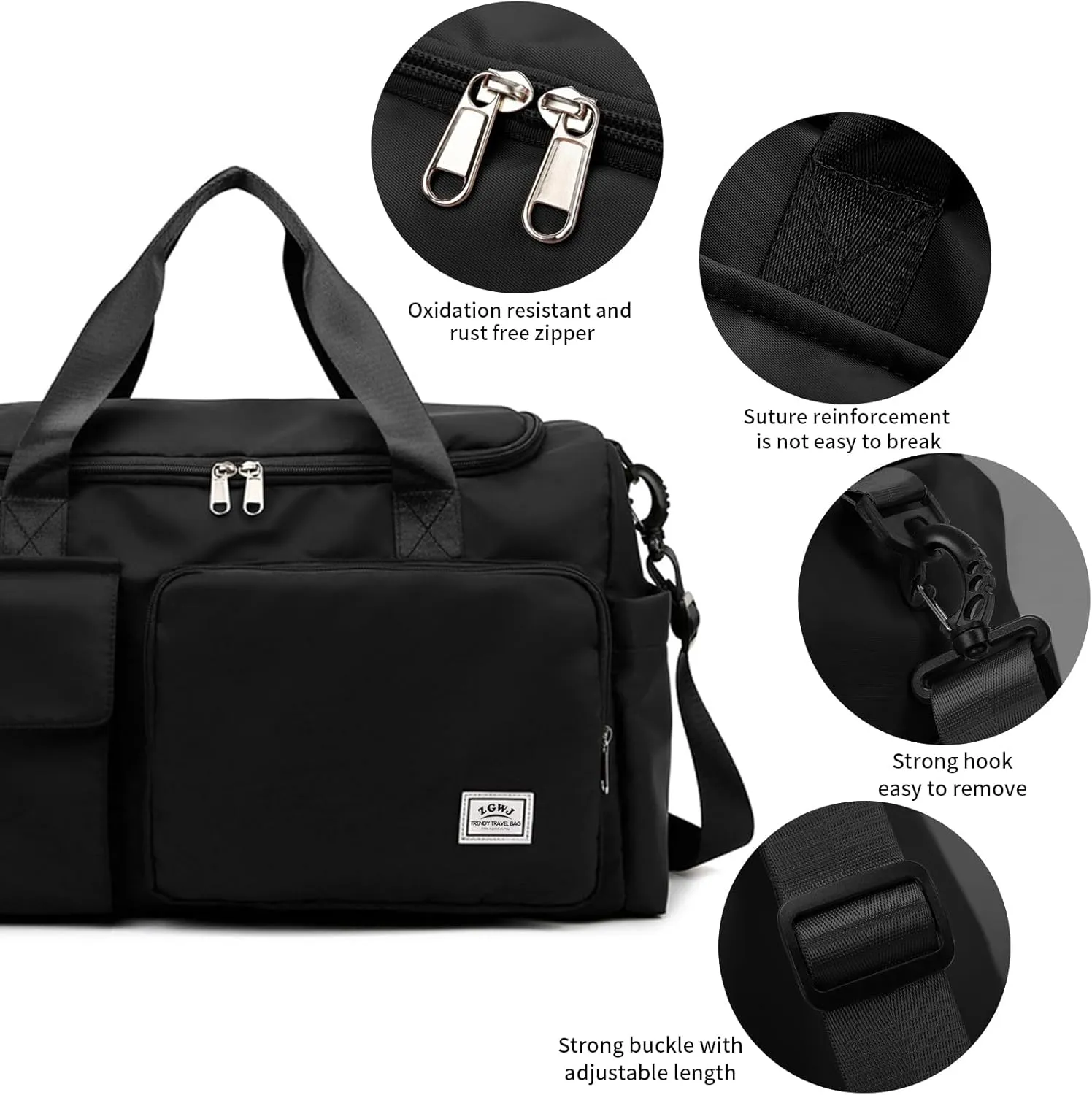 Travel Duffel Tote Bag with Dry Wet Separation Pocket, Weekender Bag for Women and Men??Waterproof Bag with Shoe Compartment Lightweight and Easy Carry on Black