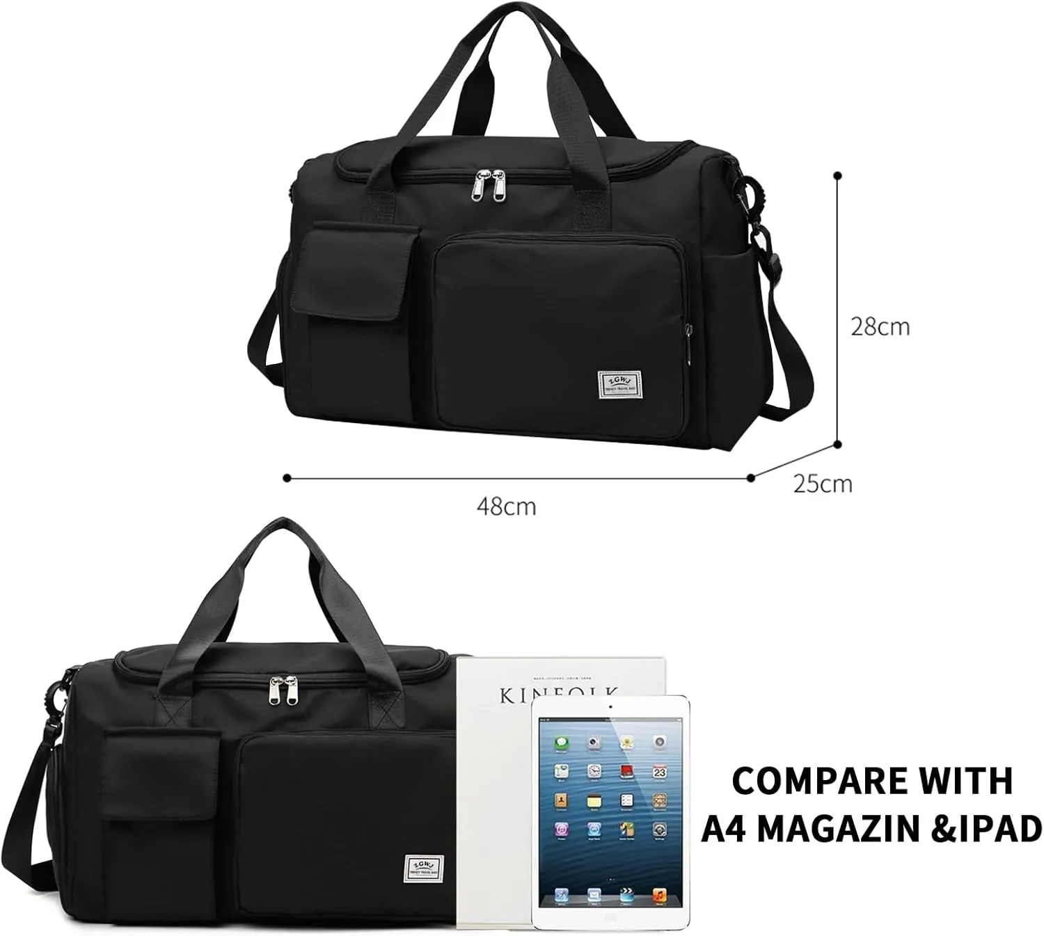 Travel Duffel Tote Bag with Dry Wet Separation Pocket, Weekender Bag for Women and Men??Waterproof Bag with Shoe Compartment Lightweight and Easy Carry on Black