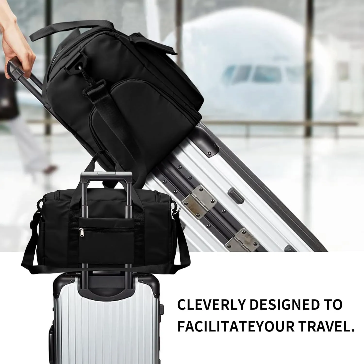 Travel Duffel Tote Bag with Dry Wet Separation Pocket, Weekender Bag for Women and Men??Waterproof Bag with Shoe Compartment Lightweight and Easy Carry on Black
